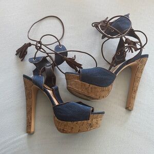 Shoe Dazzle Navy and Cork Platform Heels